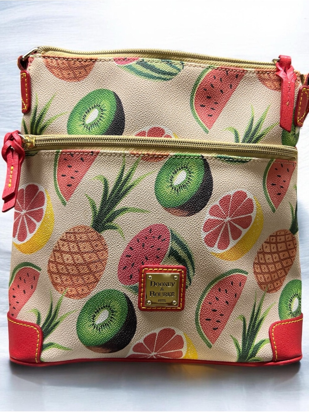 Dooney & Bourke Fruit Print Crossbody Bag in Cream and Coral